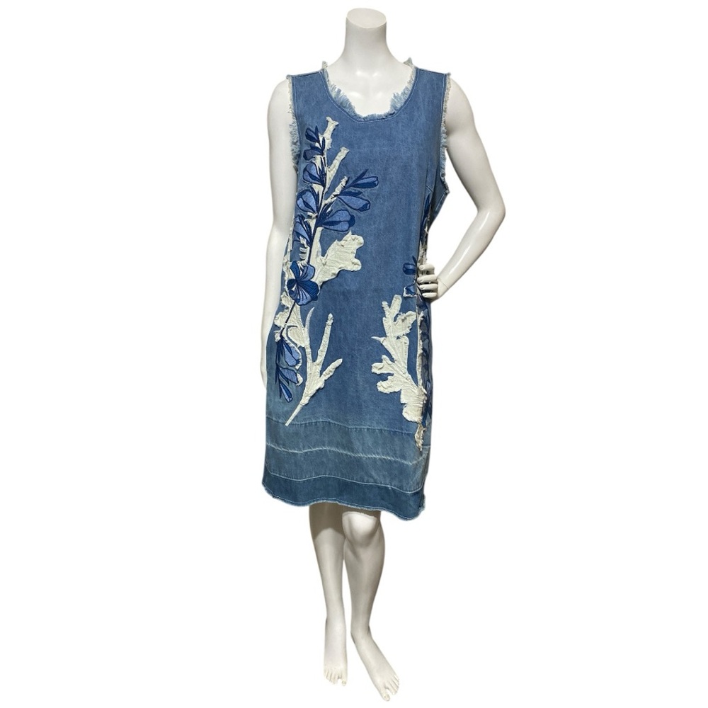 Anthropologie Dor Dor Couture Denim Dress Floral Applique Fray Sleeveless XLarge - Picture 10 of 16